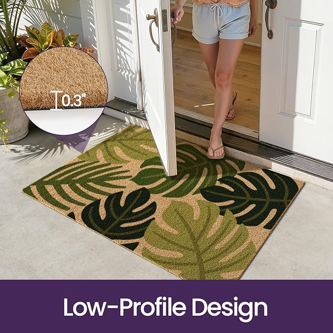 DEXI Front Door Mat Outside Entrance Coir, 32x48 Heavy Duty Entry Tropical Plant Doormat, Non Slip Exterior Entryway Floor Dirt Trapper for Porch Patio, Green Monstera Leaves - Image 5
