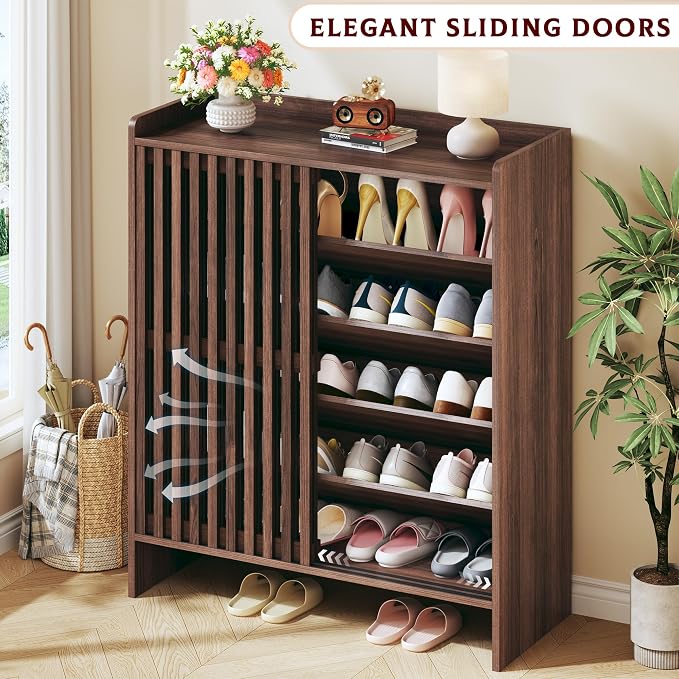 HUAHUU 5-Tier Shoe Cabinet with Sliding Shutter Doors, Wooden Shoe Storage Cabinet with Adjustable Shelf, Modern Freestanding Shoe Organizer Cabinet for Entryway, Hallway - Image 3