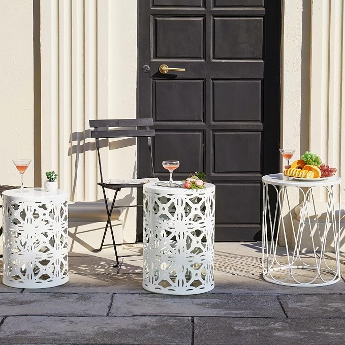Y&M Set of 3 Stacking Coffee Table for Living Room, Round Metal Coffee Table, Indoor End Tables, Outdoor Garden Stool with Heavy Duty Metal Frame Modern Industrial Decor - Pure White (Ship from US) - Image 5