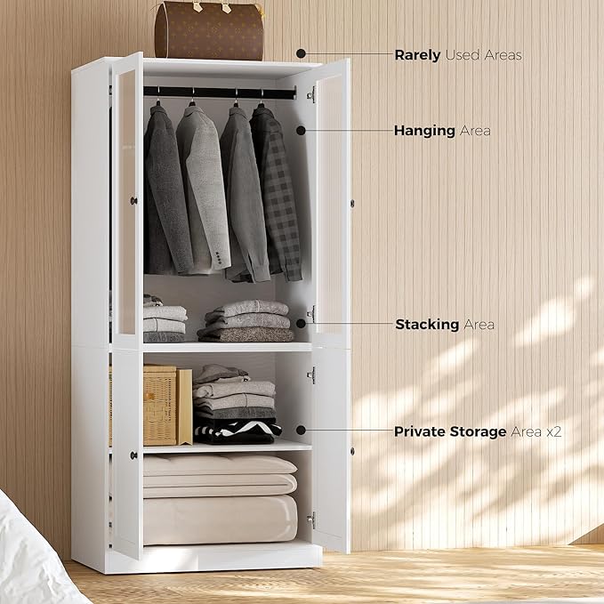 VOWNER 20“D Armoire Wardrobe Closet with Fluted Glass, 71" H Clothing Storage Cabinet with Hanging Rod, 4 Soft-Close Doors Wooden Wardrobe Cabinet for Bedroom, Large Capacity Storage White (AAC)