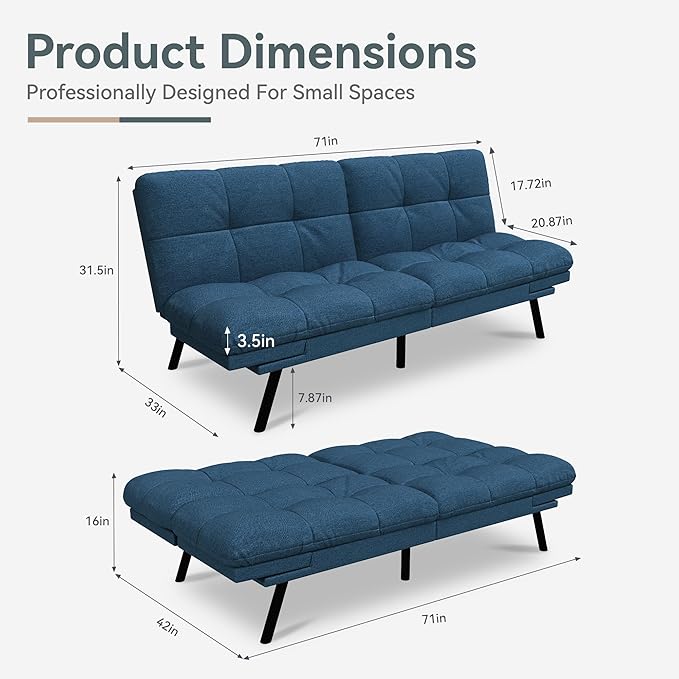 Futon Sofa Bed Convertible Couch, Blue Linen Sofa Bed with Memory Foam, Adjustable Backrest & Armrests, Multifunctional Small Loveseat Sleeper Sofa for Living Room, Apartment, Office