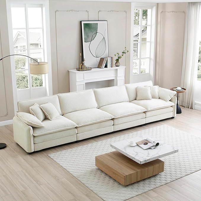 KEIKI 150" Oversized Corduroy Modular Sectional Cloud Sofa with High-Density Foam Cushions, Removable Armrests, Upholstered Modern 4-Seater Fluffy Corner Couch with 6 Pillow, for Living Room, Beige