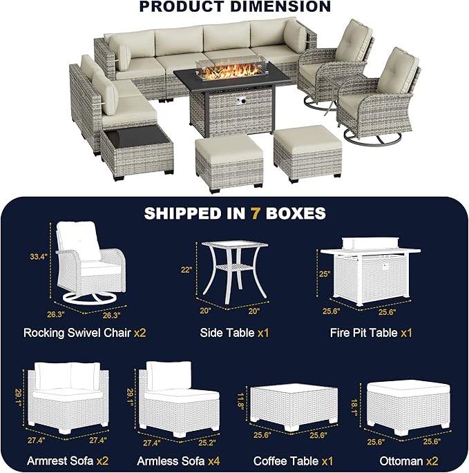 13-Piece Outdoor Patio Furniture Set with Rocking Swivel Chair, Wicker Rattan Sectional Sofa Conversation Set with 55,000 BTU Fire Pit Table with Ottomans, Backyard Furniture, White
