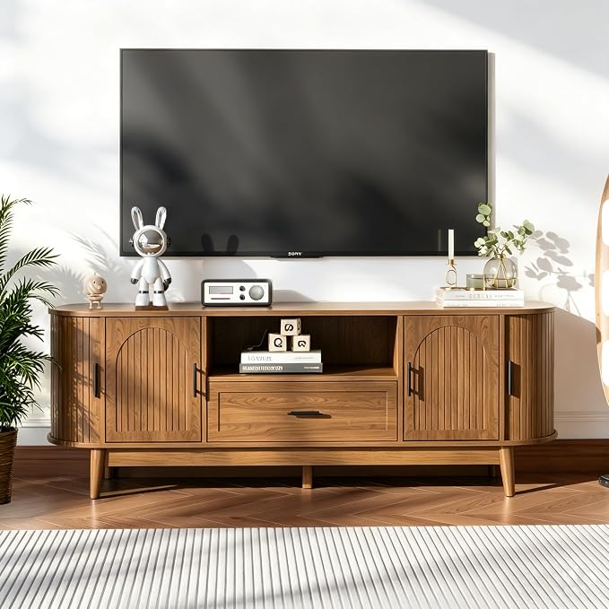 Mxtxmy 63" Fluted TV Stand for Tvs up to 70", Mid-Century Modern Entertainment Center with Drawers and Fluted Doors, Curved TV Media Console Table with Sliding Doors for Living Room, Bedroom (63") - Image 4