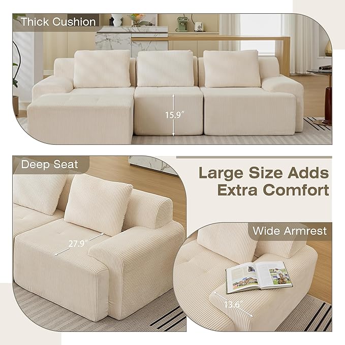 Modular Sectional Sofa, 6 Seat Modular Couch, Modular Sofa with Deep Seat and Detachable Pillow (White, 4 Pieces-L Shape)