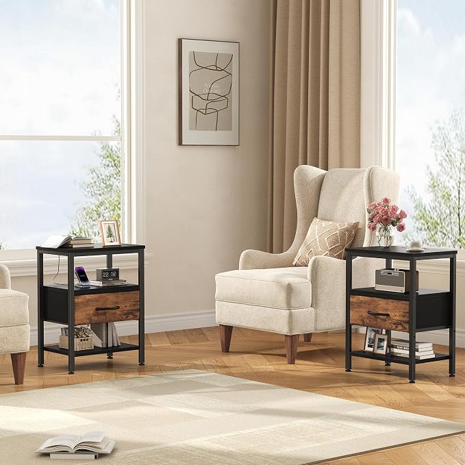 DUMOS Nightstand Set of 2 with Wireless Charging Station Bed Side Tables with Adjustable Fabric Drawers 3-Tier Storage End Tables Modern Design,Black and Brown - Image 2