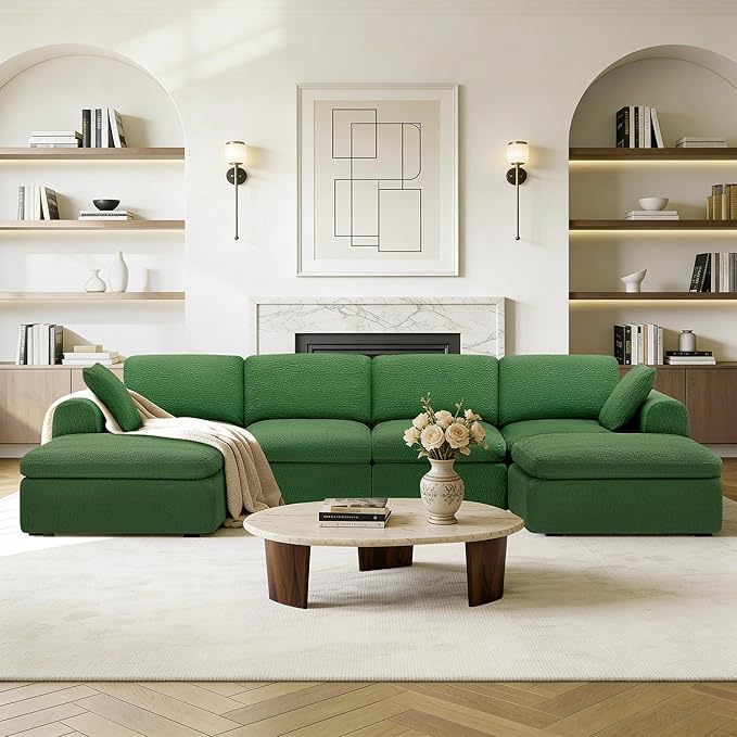 138" Boneless Cloud Couch Sectional No Assembly Required Modular Sofa with Deep Seat for Living Room U Shaped Couch with Ottoman Snowflake Fabric and Memory Sponge Moss Green