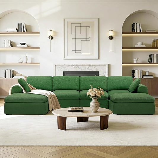 138" Boneless Cloud Couch Sectional No Assembly Required Modular Sofa with Deep Seat for Living Room U Shaped Couch with Ottoman Snowflake Fabric and Memory Sponge Moss Green