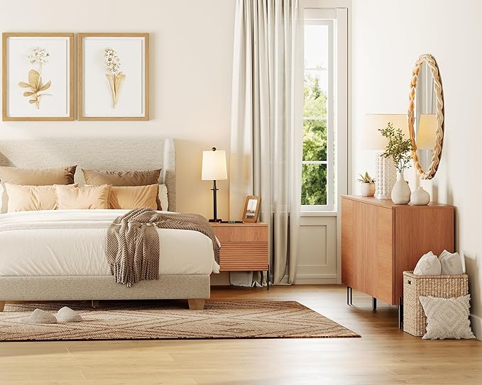 WAMPAT 2 Pieces Bedroom Set, Fluted Dresser and Nightstand Set, Wood Storage Cabinet and Nightstands with Charging Station, Wide Storage Organizer Cabinet for Bedroom, Mocha