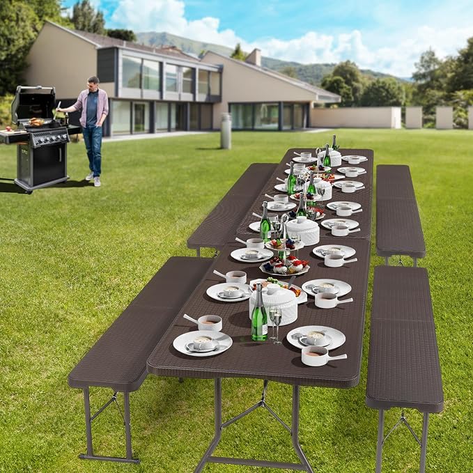 VINGLI Picnic Table Set with 2 Benches, 6 Feet Camping Table Chair Set, 3-Piece Folding Furniture for Indoor or Outdoor Use, Rattan Patterned Tabletop, Brown - Image 4