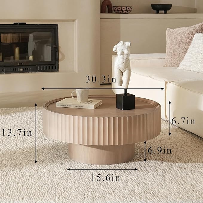 Round Coffee Table, 30.3in Modern Living Room Table, Fluted Drum Circle Tea Table with Storage, Accent Center Tables for Living Room, Apartment, Small Space(30.3''L×13.7''H)