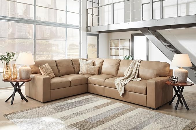 Signature Design by Ashley Bandon Modern Leather Match Left-Arm Facing 3-Piece Sectional with Removable Cushions and Armrest, Light Brown
