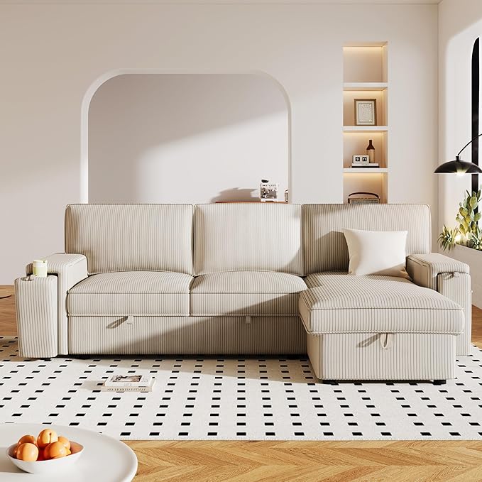 Modern Reversible Sleeper Sectional Sofa W/Pull Out Couch Bed and Large Capacity Storage Chaise, L-Shaped Corduroy Upholstered Sofa&Couch Convertible Sofabed with Hidden Cupholders for Living Room
