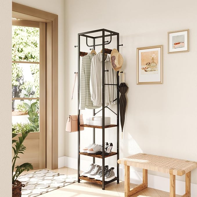 ELYKEN Coat Rack Freestanding, Hall Tree with 3 Storage Shelves and 12 Hooks, Industrial Clothes Rack Stand Organizer for Bedroom, Hallway, Entryway, Office, Living Room, Rustic Brown - Image 2