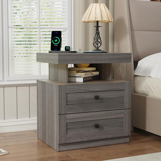 MHOM Farmhouse LED Nightstand Set of 2, Wood Bedroom Side Table with Charging Station, Rustic End Table with Drawers for Bedroom, Antique Gray - Image 4