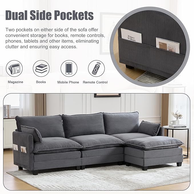 Modular Sectional Sofa Couch with Reversible Ottoman, 103" Oversized Corduroy Cloud Couch, 3 Seat Sectional Sofa with Solid Wood Frame and Side Pockets,for Living Room & Apartment