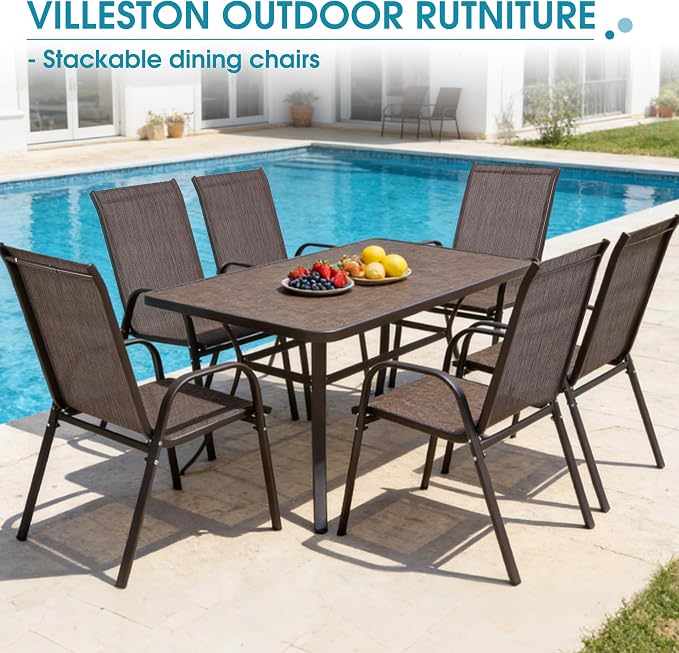 Outdoor Stackable Chairs Set of 6, Stacking Patio Chairs with Textilene Fabric, Outside Furniture for Garden Backyard Balconie Poolside Deck, Brown - Image 8