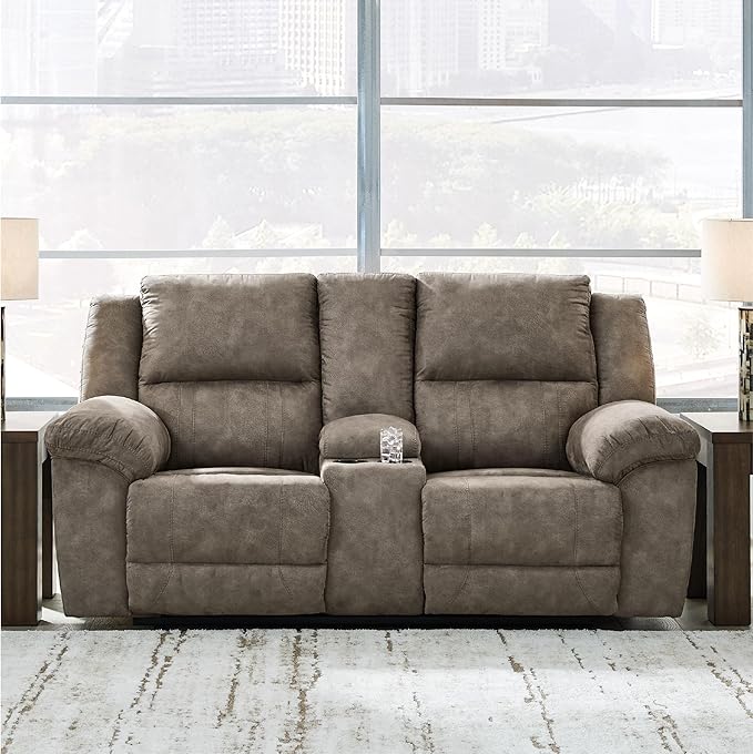 Signature Design by Ashley Laresview Contemporary Faux Leather Manual Double Reclining Loveseat with Console, Storage and Cup Holders, Gray