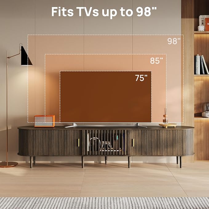 94.5" Fluted Mid Century Modern TV Stand for TVs Up to 80/85/86/90/98/100", Tambour Sliding Doors Entertainment Center with Storage&LED, Curved Media&TV Console Long TV Stands for Living Room, Walnut - Image 3