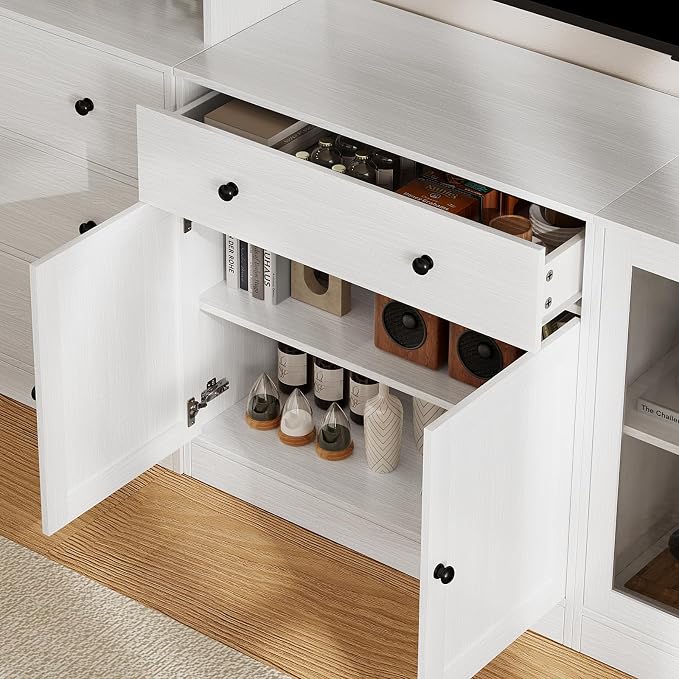 TUSY 71" TV Stand Storage Set - 2 Tall Bookcases & 2 Side Cabinets, Media Console with Glass & Wood Doors, Entertainment Center with Drawers, Tall Media Console for Living Room (White, AEEA) - Image 7