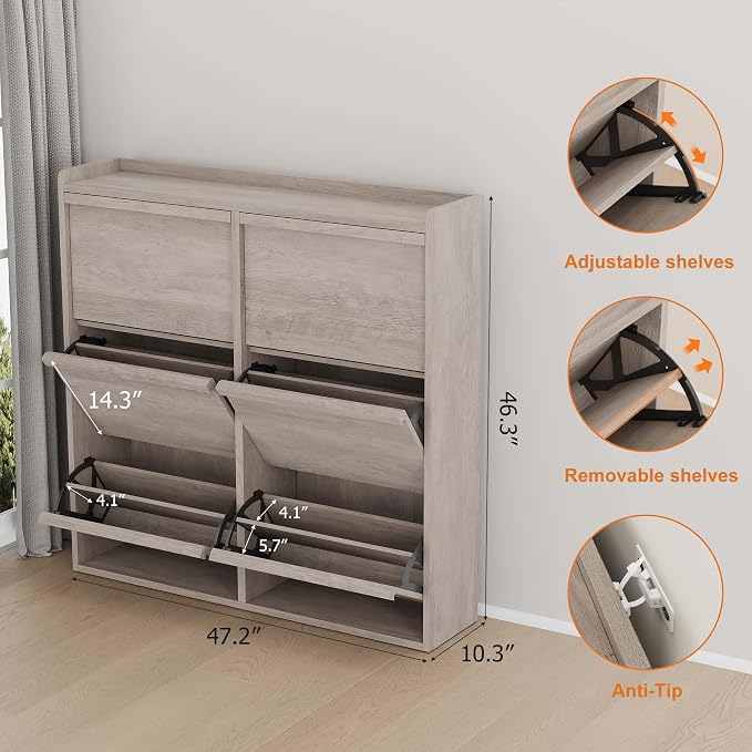 GarveeHome Shoe Cabinet with 6 Flip Drawers, Wooden Shoe Organizer Cabinet with Adjustable Shelf, Shoe Storage for Entryway, Hidden Shoe Cabinet for Hallway, Living Room, Grey - Image 2