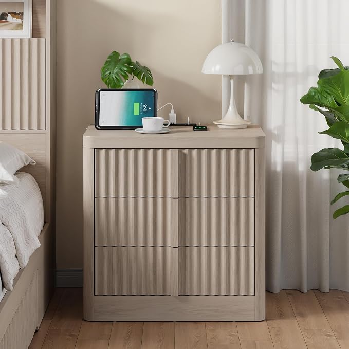 Fluted Nightstand with Charging Station, 23.6" Night Stand with Solid Wood Handle, Mid Century Modern Bedside Table End Table 3 Drawer Dresser for Bedroom, Living Room, White Alder - Image 3