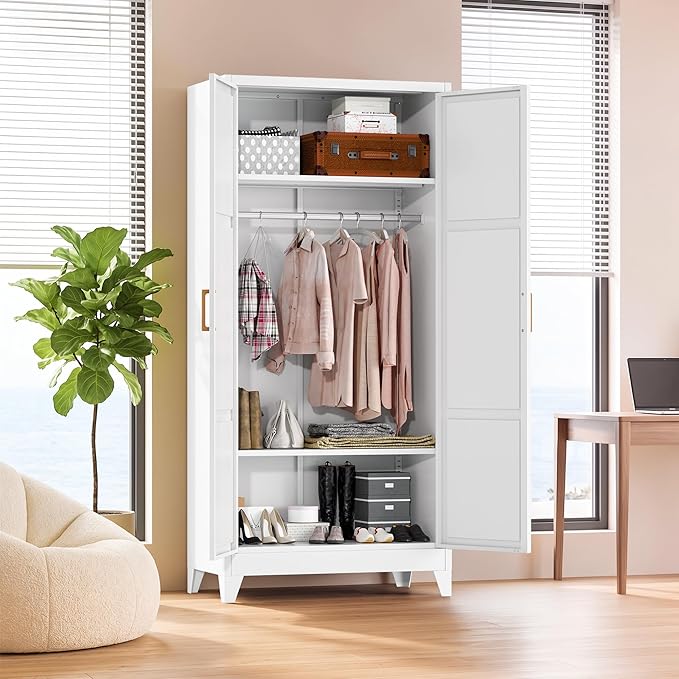 Greenvelly Metal Wardrobe Cabinet, 19" D x 34" W x 71" H Metal Wardrobe Closet with Hanging Rods and Adjustable Shelves,Clothing Storage Closet Cabinet for Bedroom, Cloak Room, Laundry Room (White)