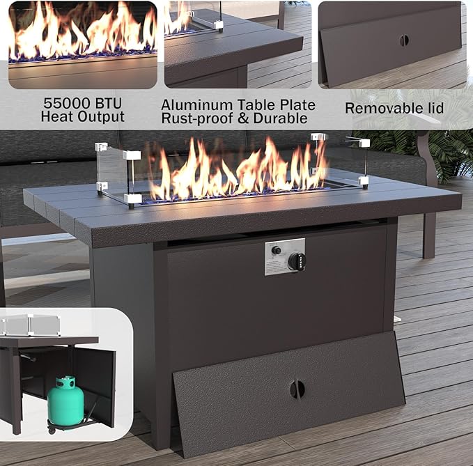 ALAULM Aluminum Patio Furniture Set with Propane Fire Pit Table 5-seat Metal Outdoor Furniture w/Fire Pit Sectional Sofas w/5.1" Cushions for Patio, Backyard, Poolside-Black