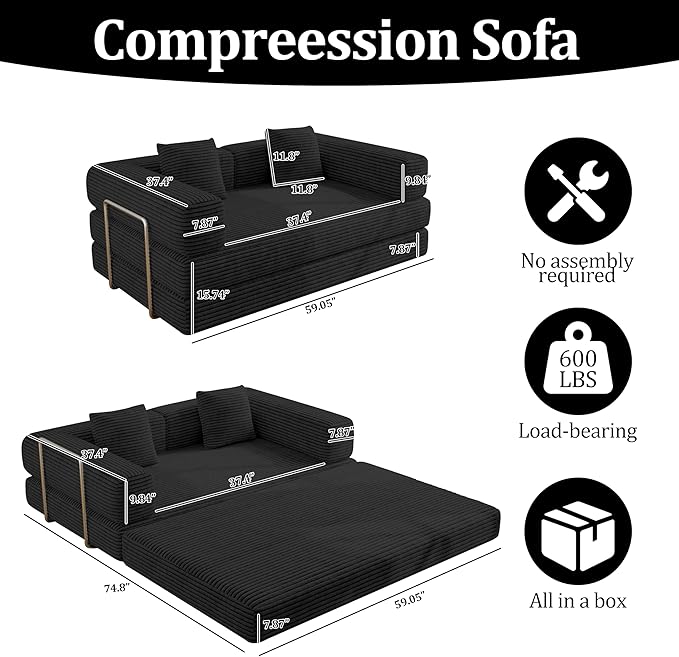 4 in 1 Futon Sofa Bed Queen Size - Foldable Convertible Sleeper Couch,Teddy Foam-Filled Compressed Couch Removable Corduroy Cover, Space Saving Sofas for Bedroom & Dorm (Black, 59” 2 Seat)