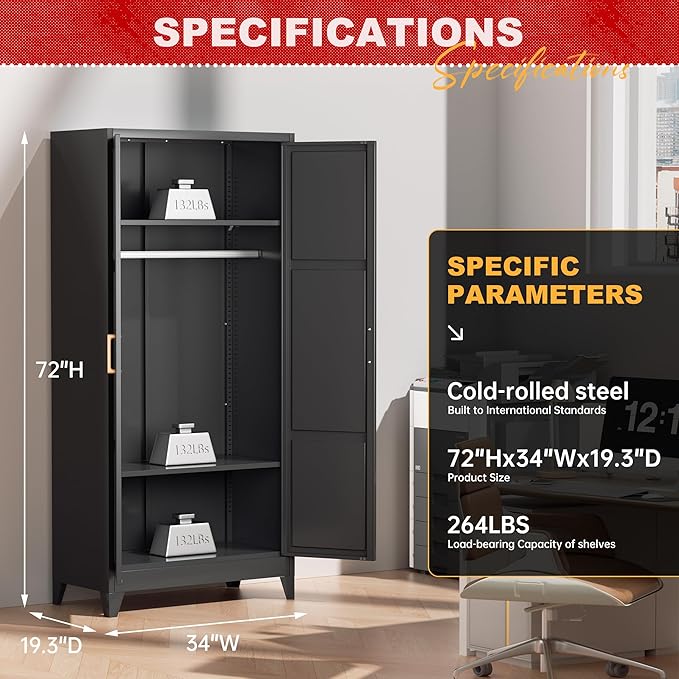 Superday Metal Wardrobe Closet, 72" H Bedroom Armoires with Wooden Handle, Metal Cabinet with Adjustable Shelves and Hanging Rods, Steel Storage Locker Closet for Home, Office, Employee, Gym (Black)