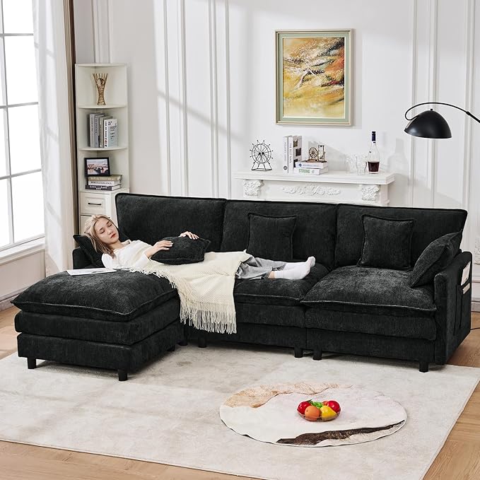 102" Modular Sectional Sofa, Premium Chenille Cloud Couch with Reversible Ottoman, L-Shaped Oversized Sofa with Side Storage Pockets for Multi-Scene Living Room & Home Office