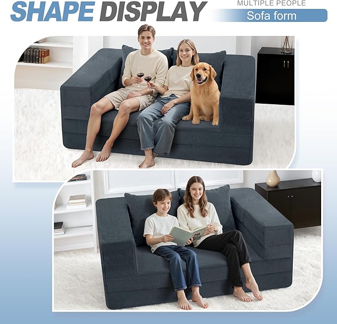 Futon Sofa Bed with Pillow, 3-in-1 Sleeper Sofa Bed with Removable Cover, Convertible Floor Sofa Bed, No Assembly Boneless Couch for Living Room, Bedroom