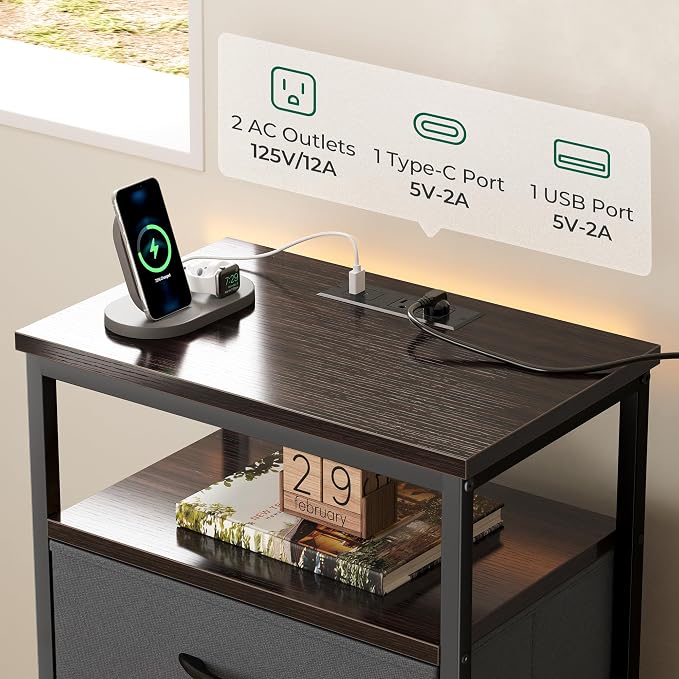 Huuger Night Stand with Charging Station, 4 Drawer Dresser for Bedroom, Bedside Table, 33.9 Inch Tall Nightstand with Open Shelf, End Table, for Closet, Entryway, Bedroom, Walnut - Image 5