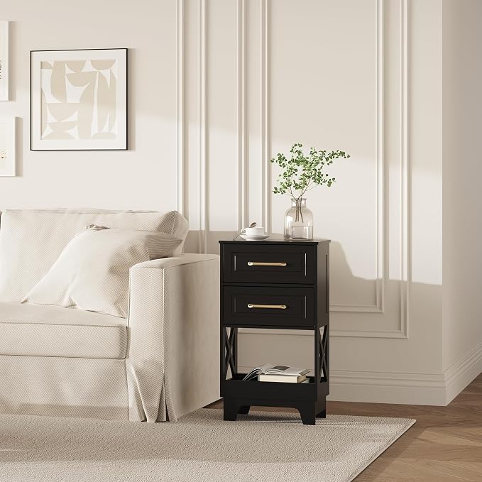 Tall Nightstand Set of 2 Side Table with 2 Drawers Modern Night Stand Wooden End Table Bedside Table with Below Open Shelf Solid Feet for Bedroom Black - Image 8