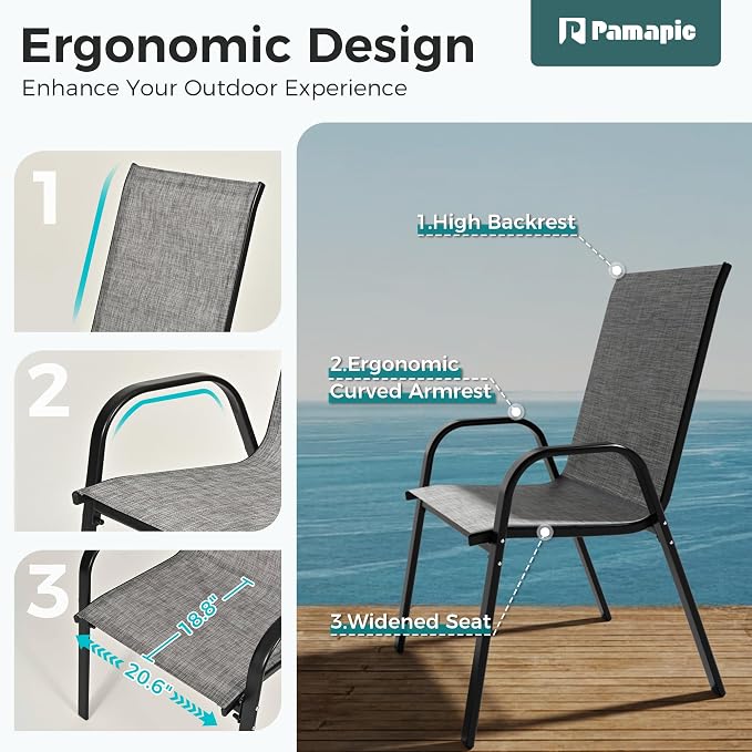 Pamapic Outdoor Dining Sets for 6, Rectangular Steel Slat Table with 6 Textilene Chairs, 7 Piece Patio Table and Chairs Set with Umbrella Hole for Patio, Garden, Backyard and Poolside (Grey) - Image 8