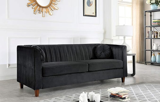 Arvilla 2 Piece Velvet Sofa Set with Bolster Pillows, Mid Century Modern Design, Chesterfield-Inspired Couch and Chair for Living Rooms, Midnight