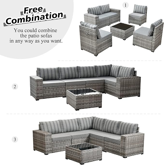 HOOOWOOO 9 Piece Modular Patio Outdoor Sectional Furniture Set with Swivel Rocking Chairs,Wicker Conversation Sofa Set,Outside Couch Set with Wide Arm(Grey Stripes)