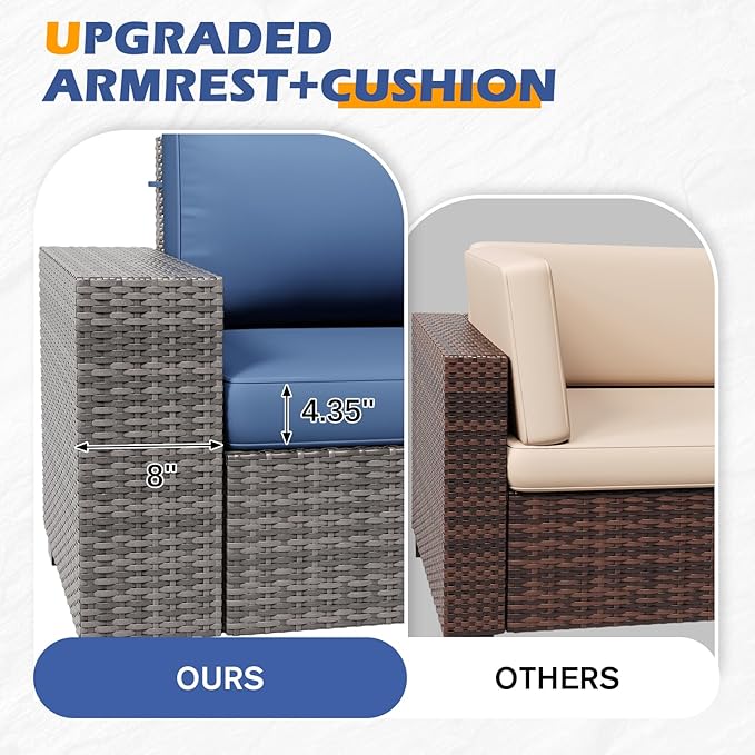6 Pieces Outdoor Patio Furniture Set with Table Gray Rattan Sectional Sofa Conversation Sets for Balcony Lawn and Garden (Navy Blue, 6 pcs w/Table)