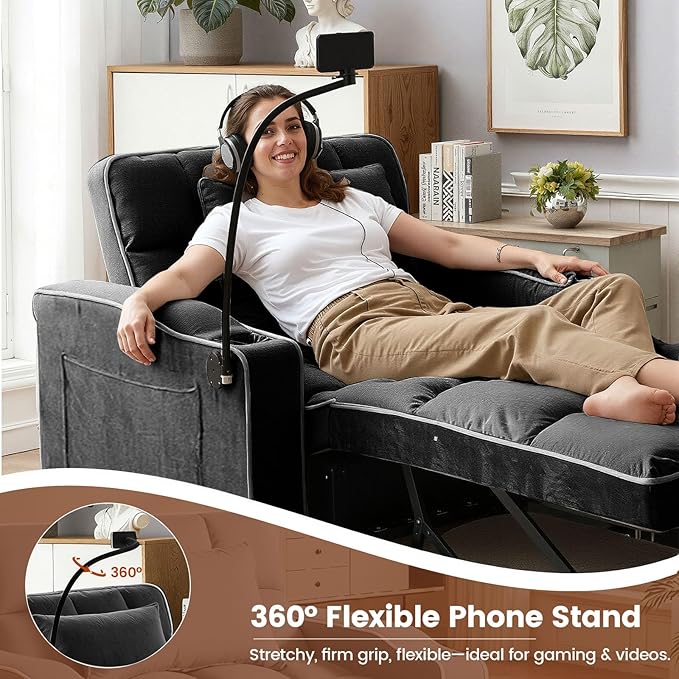 Sleeper Chair, Convertible Pull Out Chair Sleeper with Bracket and Cup Holder, Chairs Bed Sleepers for Adults, 3 in 1 Sofa Bed Chairs for Small Spaces, Living Room, Black