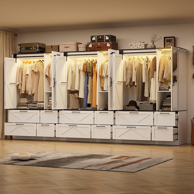 PAKASEPT Armoire Wardrobe Closet with w/Folding Sliding Barn Door, Bedroom Armoires with Mirror and Sensor Lights, Hanging Rod, Wardrobe Closet for Bedroom (9 Doors)