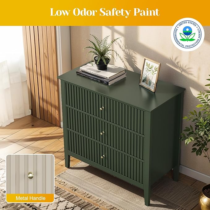 May in Color Large Green Fluted 3 Drawer Dresser Set of 2, Chest of Drawers with Ball Bearing Slide Modern 30 inch Tall Wood Nightstand with Spacious Storage for Bedroom Hallway Living Room Entryway - Image 6