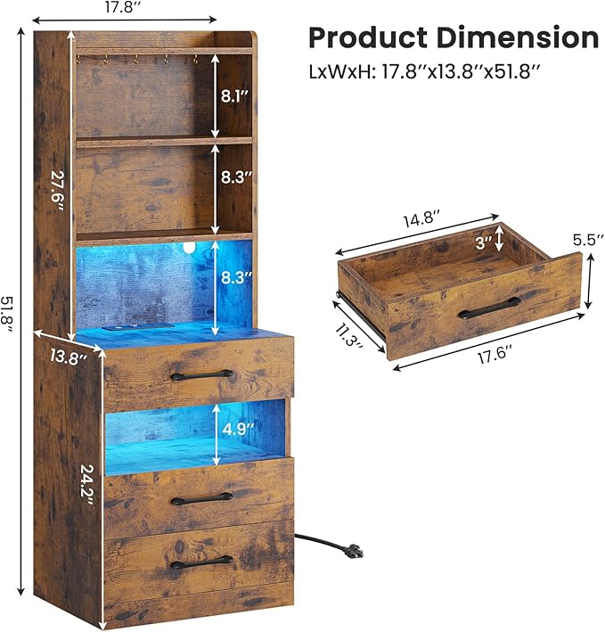 VIAGDO Tall Nightstand with Charging Station and LED Lights, Rustic Brown Night Stand with Bookshelf, Modern LED Bedside Table with 3 Drawers and Storage Shelves, End Side Table for Bedrooms, Dorms - Image 2