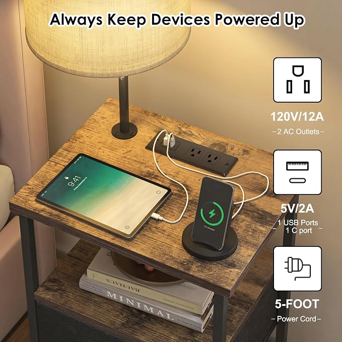 Fixwal Nightstand with Lights Bedside Table with 3 Color Temperatures Bulb, Night Stand with Charging Station End Table with Adjustable Fabric Drawer for Bedroom Dorm - Image 4