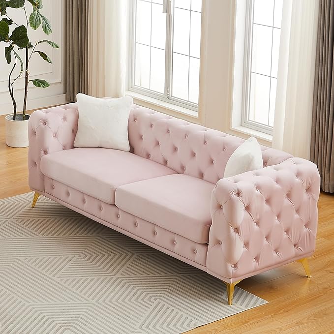 KEIKI 83" Luxury Oversized Velvet Chesterfield Sofa with 2 Pillows, Mid-Century Style 3-Seater Tufted Buttons Couch with High-Density Foam Cushions, Easy Assembly, for Apartment, Living Room, Pink