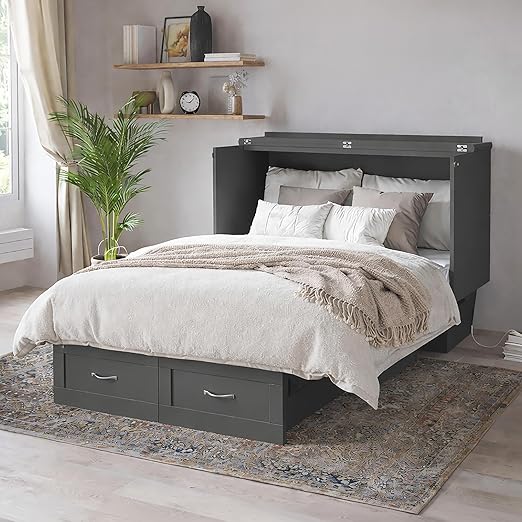 AFI, Chelsea Mid-Century Modern Full Wood Murphy Bed Chest with 6" Mattress, Storage Drawer & Built-in USB Charger, Grey