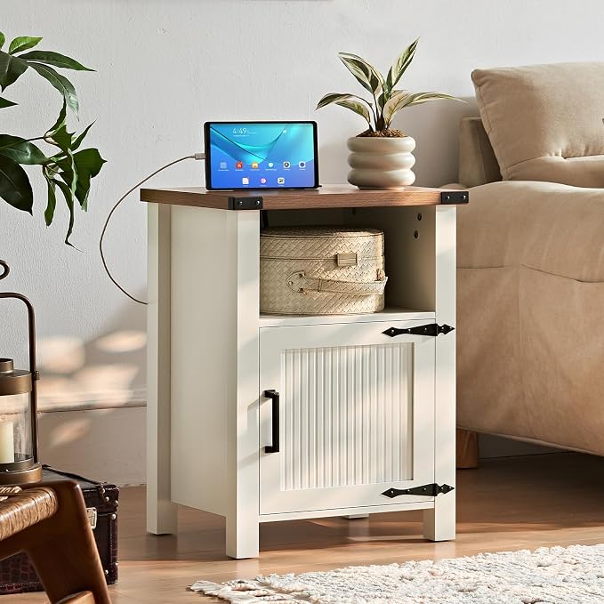 Joaxswe Nightstand with Charger Station and USB Port, 18 Inch Farmhouse Night Stand with Storage Shelf, Modern Couch Side Table with Magnetic Door, Bedside Tables for Bedroom, Home, Antique White - Image 6