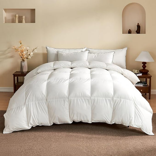 BPC Luxury Feather Down Comforter Oversized King - Royal-Hotel Duvet Insert All Seasons, Cloud-Like Fluffy with Ultra-Soft Cotton Blend Cover, White, 120"x98"