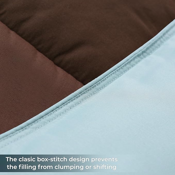 Superior Brushed Microfiber Comforter, Down Alternative Bedding, Medium Weight, Soft Bed Cover, Plush Duvet Insert, Oversized Blanket, Box Quilt, Reversible Comforter, Full/Queen, Choco-Sky Blue