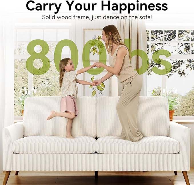 68" Loveseat Sofa, Comfy White Corduroy Couches for Living Room, Mid Century Modern Love Seat Sofa, Tool-Free Setup Small Couches for Bedroom Office