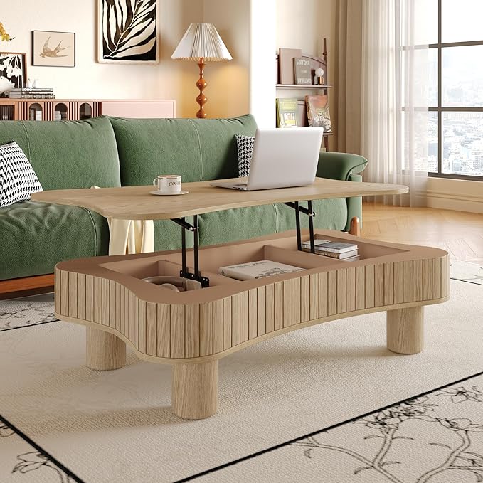 Cloud Lift Top Coffee Table with Storage, 42.52" Modern Lrregular Fluted Coffee Tables with Lifting Top,Cute Low Center Tables for Living Room, Apartment or Office-Natural